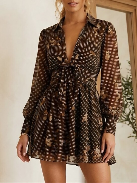 Zara Dresses & Skirts - ZARA Brown Floral Gingham Long-Sleeve V-NECK A-Line Dress